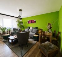 Living room in a 3-room apartment with a wooden decor floor and green walls.