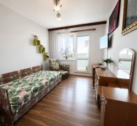 Living room in a three-room apartment with a wooden decor floor and a sofa.