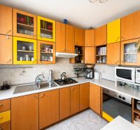 A kitchen in a 3-room apartment with a wooden decor and yellow cabinets, appliances, and a plant.