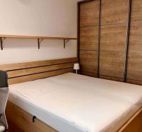 Bedroom in a 2-room apartment with a bed and a wardrobe, floor with wooden decor.