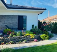 The garden of the family house on Jasná Street in Veľké Dvorníky with beautiful flowers.