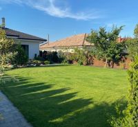 The garden at the family house on Jasná Street in Veľké Dvorníky with a green lawn.
