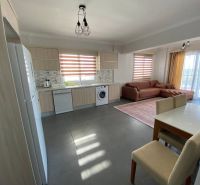 A kitchen with a sofa and a dining table in a 3-room apartment.