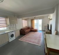 Living room in a 3-room apartment with a kitchen unit, washing machine, and sofa.