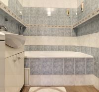 A bathroom in a 3-room apartment with a bathtub and a floor with a wooden decor.
