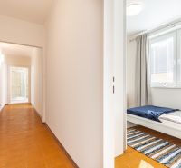 A hallway and a room with a light wooden-patterned floor in a 3-room apartment.