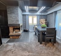 Living area in a cabin with stone cladding and a fireplace, complemented by a dining table.
