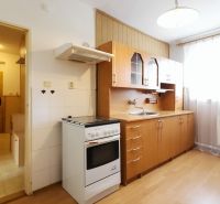 The kitchen in a 2-room apartment with a wooden decor floor and a wooden kitchen unit.