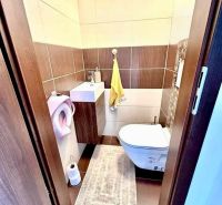 A toilet with a sink and tiles with a wood decor in a family house.