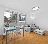 Living room with wood-patterned flooring, a sofa, and a dining table in a two-room apartment.