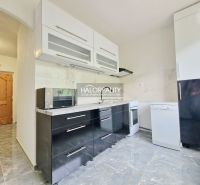 A kitchen in a 2-room apartment with black cabinets and appliances, and a floor with a wooden decor.