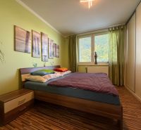 Bedroom in a 3-room apartment with a bed, nightstand, and floor with a wooden decor.