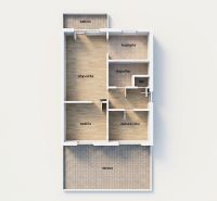 Floor plan of a 3-room apartment with a terrace, balcony, and wooden decor flooring.