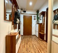 A hallway in a 3-room apartment with a wooden decor floor and wooden furniture.
