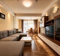 Living room in a three-room apartment with a sofa, TV wall, and wooden decor flooring.