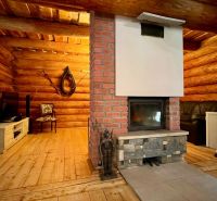 Interior of a family house with a fireplace and wood-patterned flooring.