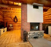 Rustic interior of a family house with a fireplace, wooden walls, and comfortable seating.