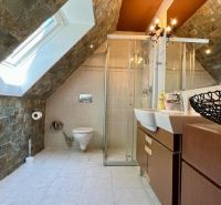 A bathroom in a family house with tiled walls, a sink, and a shower corner, attic window.