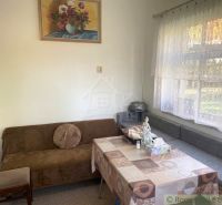 Interior of a family house with a sofa, table, and a painting of flowers on the wall.