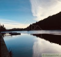 A view of the lake's surface in Štiavnické Bane near a family house with a reflection of the forest.