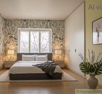 A bedroom with plant-themed wallpaper, a bed, and wardrobes in a family house.