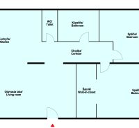 Floor plan of a 3-room apartment with a closet, kitchen, and two bedrooms.