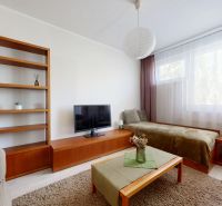 Living room in a three-room apartment with a comfortable sofa and a floor with a wood decor.