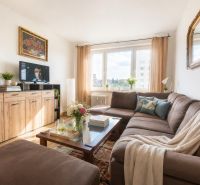 Living room in a 3-room apartment with a dark sofa and a large window.