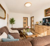 Living room in a 3-room apartment, with a comfortable sofa and a decorative mirror on the wall.