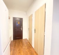 A hallway in a 3-room apartment with a wooden decor floor and multiple doors.