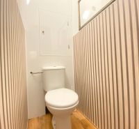 A toilet in a 3-room apartment with striped walls and a wood-patterned floor.
