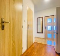 A hallway in a 3-room apartment with a wooden decor floor and wooden doors.