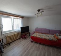 A living room in a family house with a sofa and a wooden decor floor.