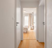 A hallway with white doors and a wooden decor floor in a 3-room apartment.