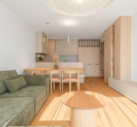 Living room with a sofa, dining table, and wood-patterned flooring in a 3-room apartment.
