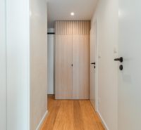A hallway in a 3-room apartment with a wooden decor floor and a built-in wardrobe.