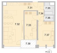 Floor plan of a 3-room apartment with two bedrooms, a living room, and a kitchen.