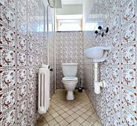Bathroom in a family house with a toilet, sink, and tiled walls.