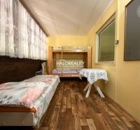 A room in a cabin with a bunk bed, a bed, and a floor with wooden decor.