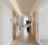 A spacious hallway in a 3-room apartment with wood and artistic decorations.