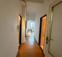 A corridor with white walls and a floor with a wooden decor in a 3-room apartment.