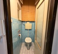 Bathroom in a 3-room apartment with blue tiles and a toilet.