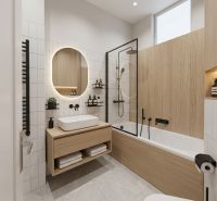 Bathroom in a 3-room apartment with a combination of white and wood, elegant design.