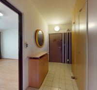 Hallway with tiles and wooden decor, wardrobe, mirror, 3-room apartment.