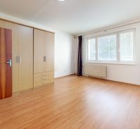 A room in a 3-room apartment with a wooden decor floor and a built-in wardrobe.