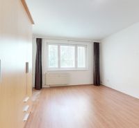 A room with a large window and a wardrobe, a floor with a wooden decor, a 3-room apartment.
