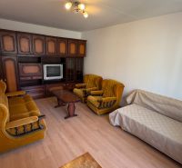 A living room with retro furniture and a wooden decor floor in a studio apartment.