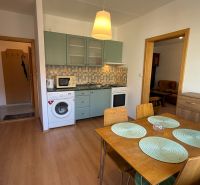 A kitchen with built-in appliances, a dining table, and a wooden decor floor in a studio apartment.