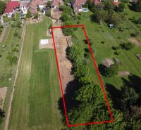 Aerial view of the gardens in Hruboňovo with a plot marked by a red line.