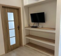 3-room apartment with a TV on the wall, shelves, and a floor with a wooden decor.